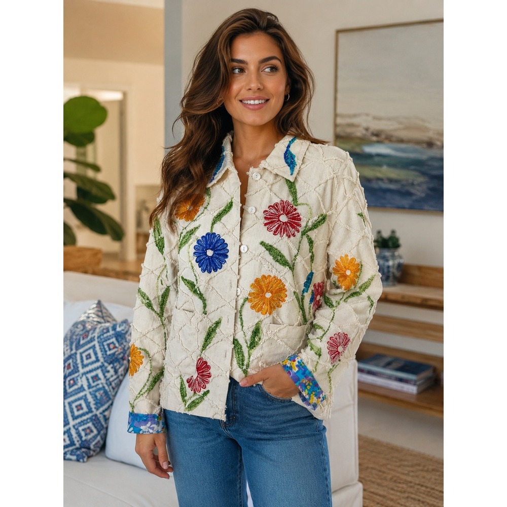 Vintage Tantrums Floral Embroidered Cotton Jacket Boho Artwear Size S India Y2K - Picture 2 of 12